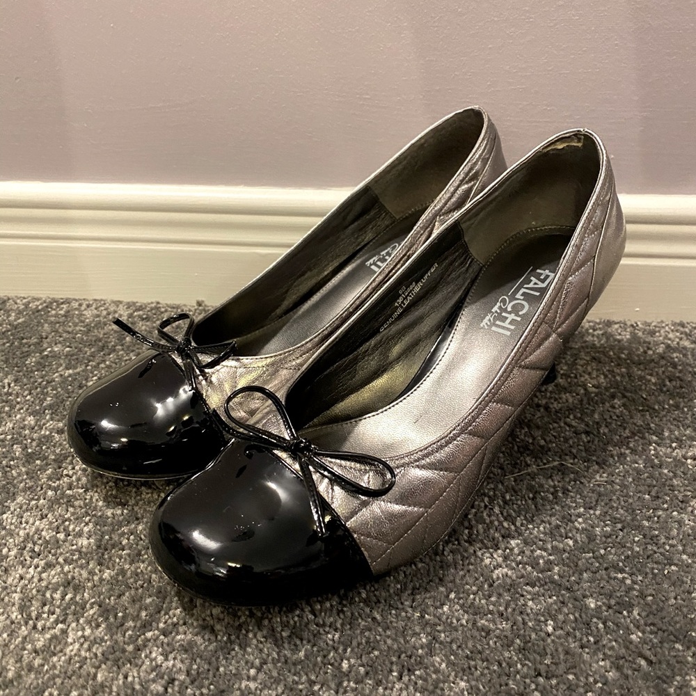 Silver and black patent toe-cap heels
